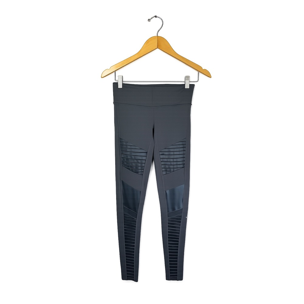 Alo Yoga High Waist Moto Leggings Gray Ribbed Panel Athletic Yoga Pants Size S - Picture 2 of 9